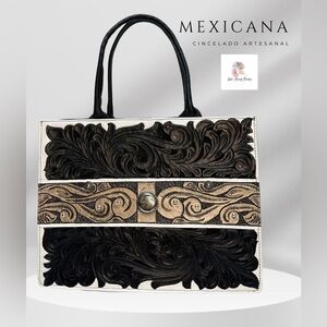 Luxury 100% genuine leather Black and Tan Artisan Tote Bag /Tooled shoulder bag